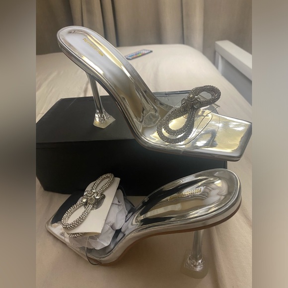 Silver PU Square Toe Bow Detail Cake Stand High Heeled Mules - Picture 3 of 7